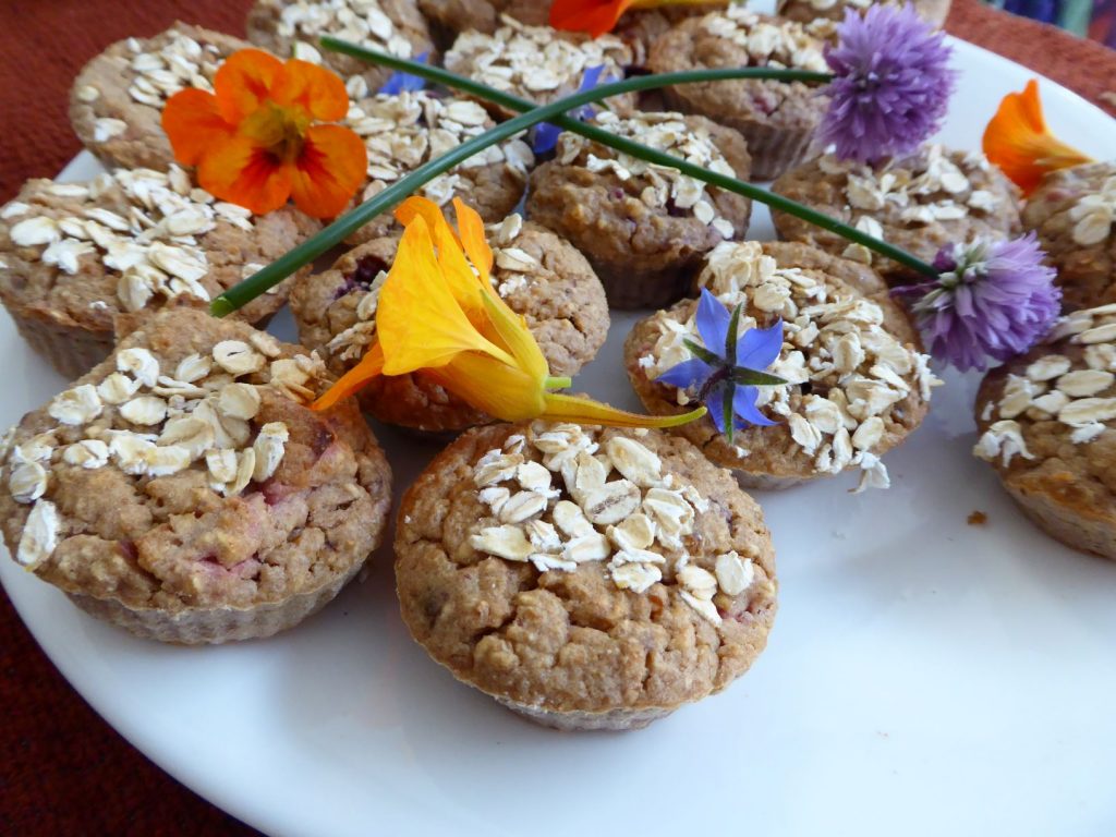 Nutrition based recipe of oat muffins and edible flowers