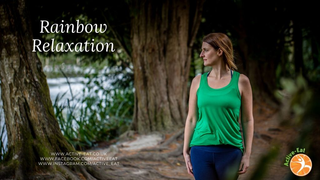 image of Jenny in the woods with the words Rainbow Relaxation