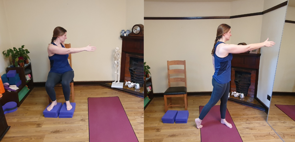 Two images of Jenny one sitting and one standing doing the same exercise