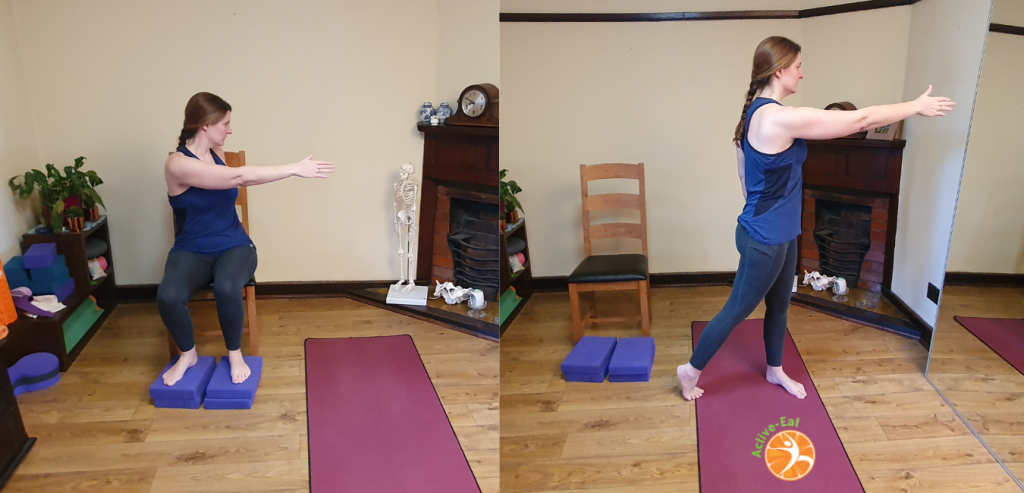 Two images of Jenny one sitting and one standing doing the same exercsie